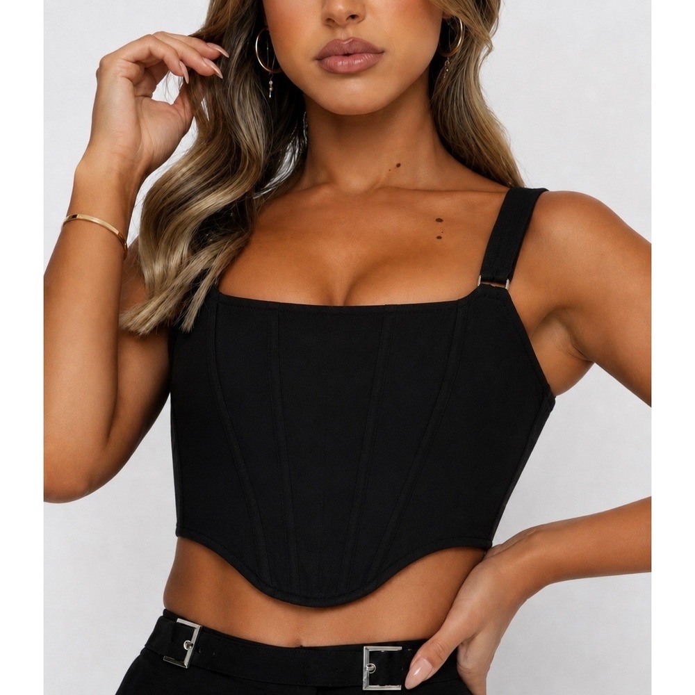 White Fox Black Bustier Corset Sz M Women Black Crop Top Tank Coquette Zip Back